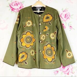 Indigo Moon Boho Floral Embroidered Patchwork Green Oversized Blazer L